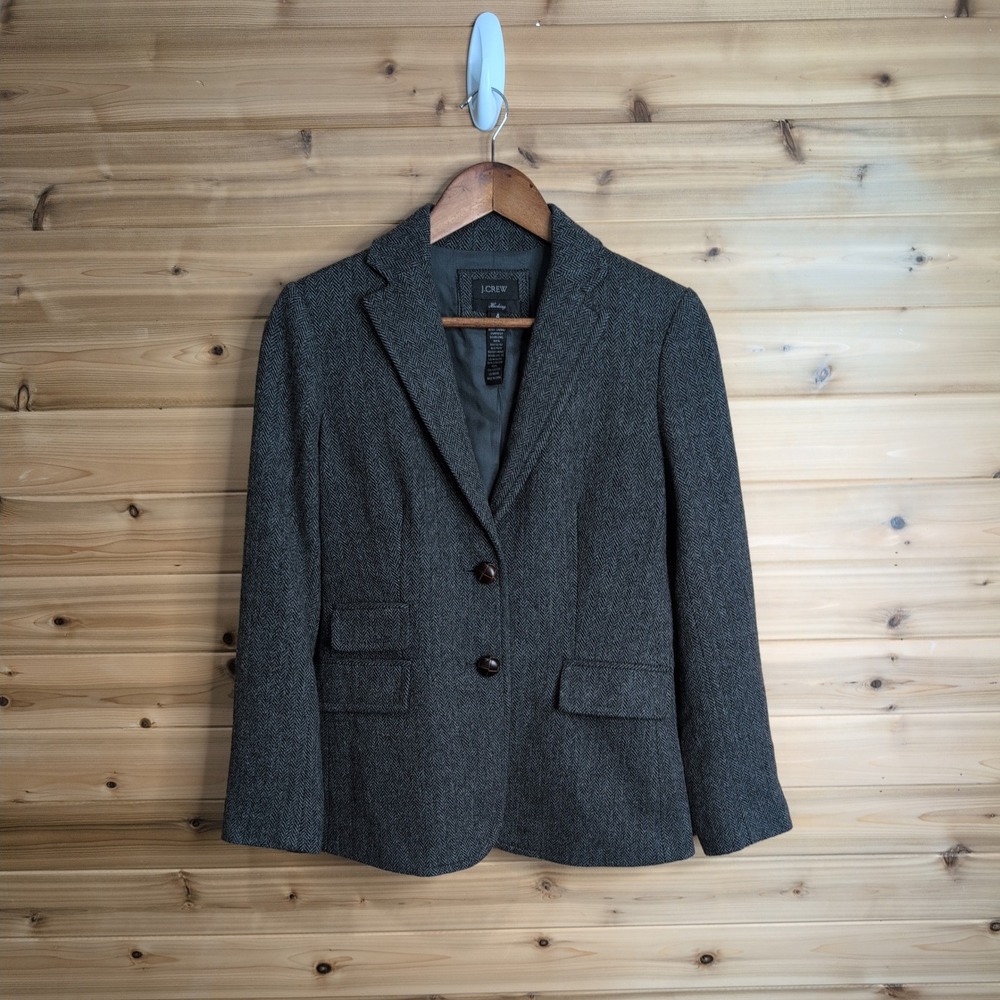 J.Crew Hacking Jacket Gray Herringbone 100% Wool Blazer Size 4 Style 48263